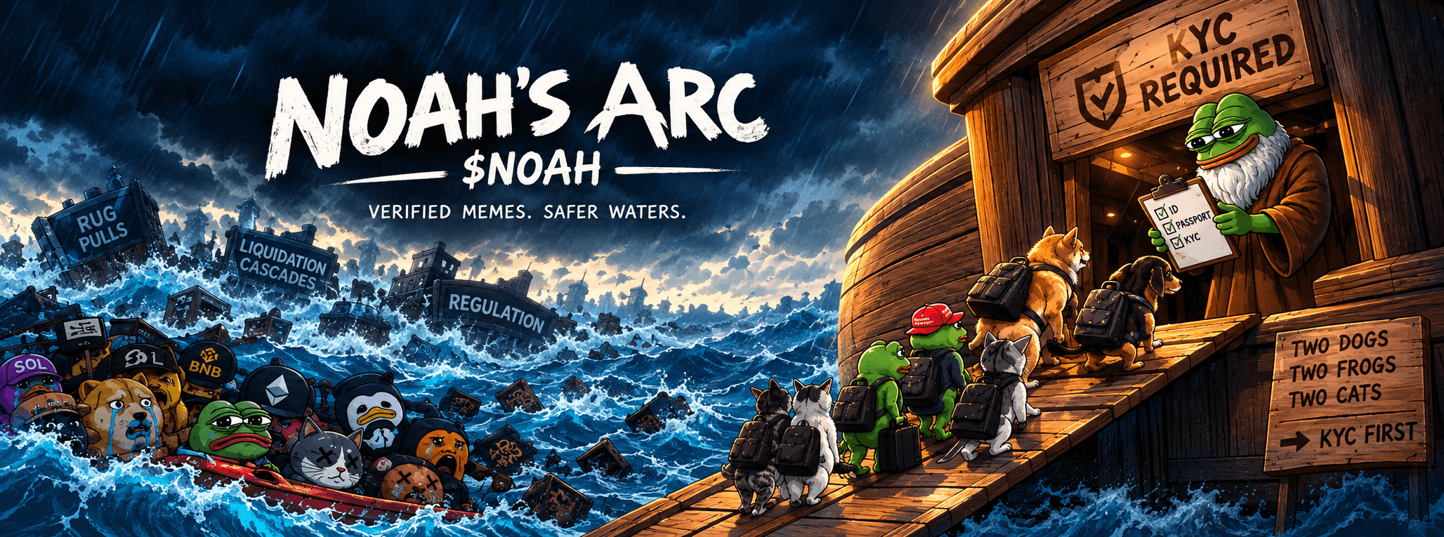 Noah's Arc — $NOAH, verified memes, safer waters. Noah, a bearded frog with a KYC clipboard, boards frogs, dogs and cats onto a wooden ark while a flood of rug pulls, liquidation cascades and drowning memecoins rises behind them.